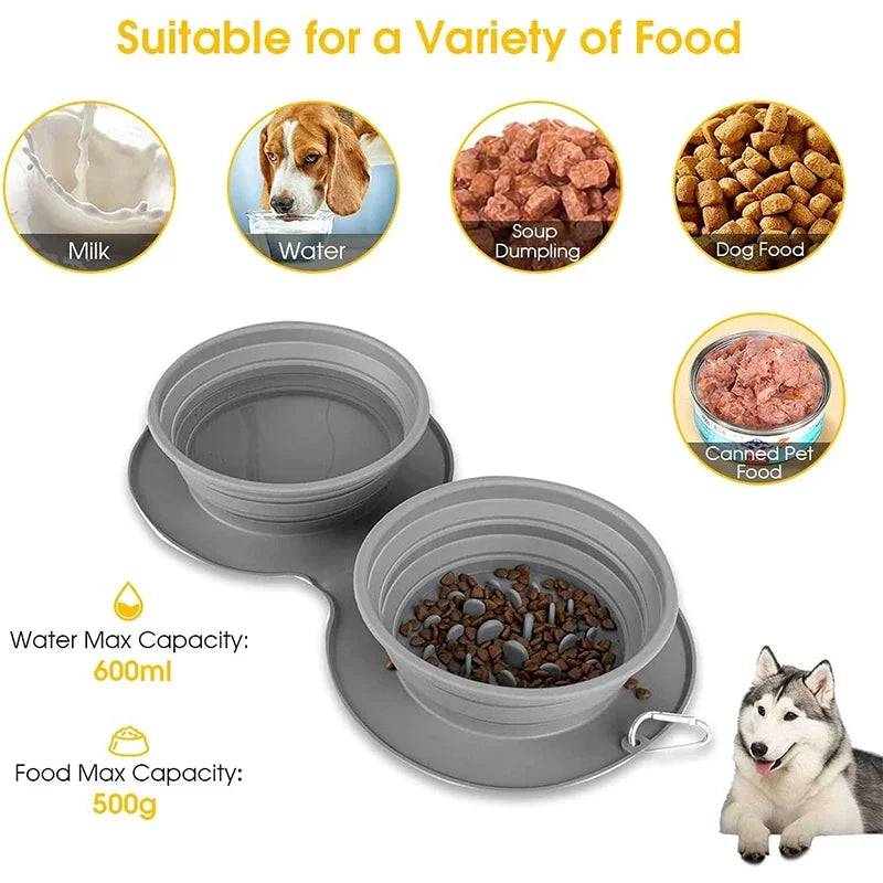 Dog Portable Bowl Outdoor Pet Food Double Bowls Foldable Non-slip Anti-choking Slowly Feed Silicone Cat Travel Bowl Pet Supplies